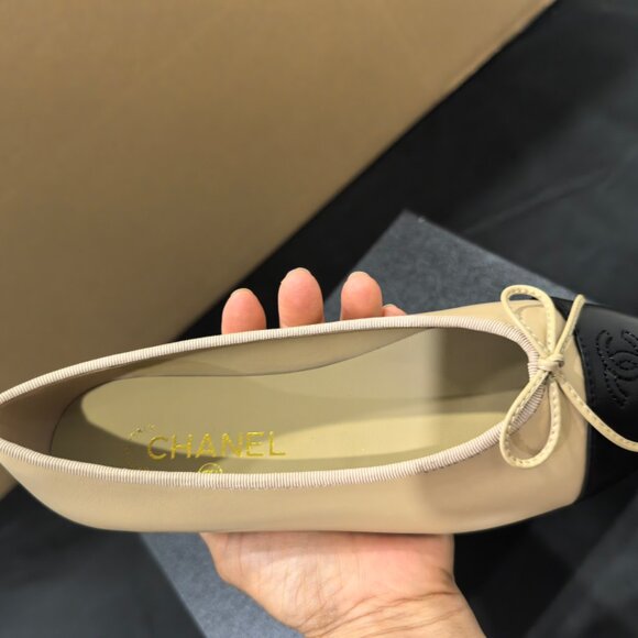 CHANEL Beige Lambskin Cap Toe Ballerina Flats - Picture 12 of 13